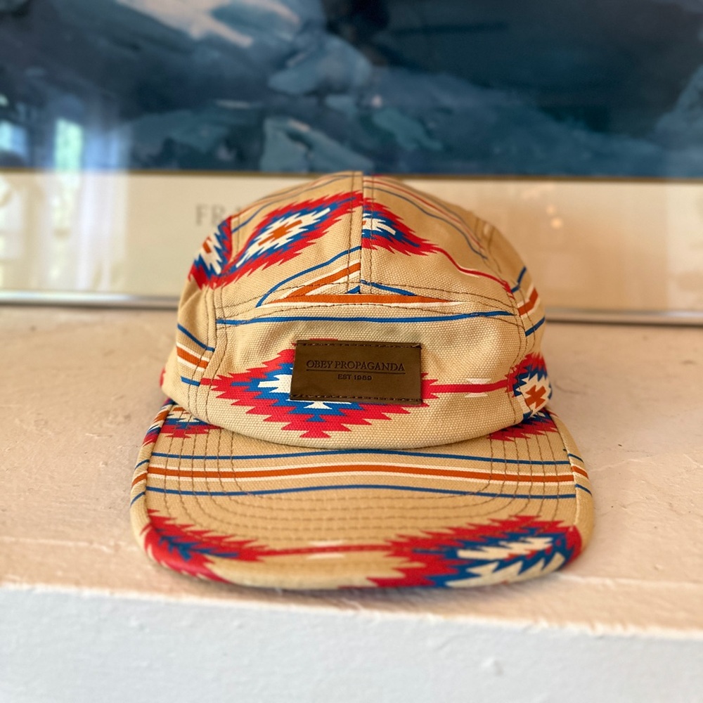 OBEY Propaganda hat blue red tan white aztec Southwest 5 Panel Leather Strapback